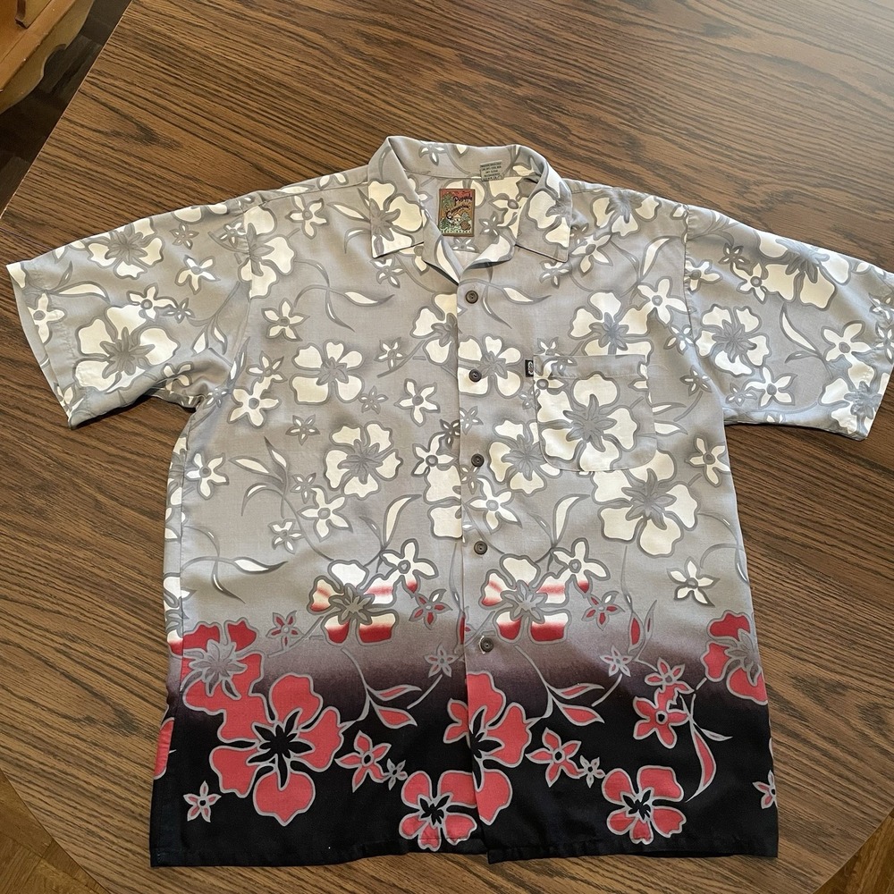 Pineapple Connection Men's Button Down Hawaiian Shirt Size Medium Gray Black Red